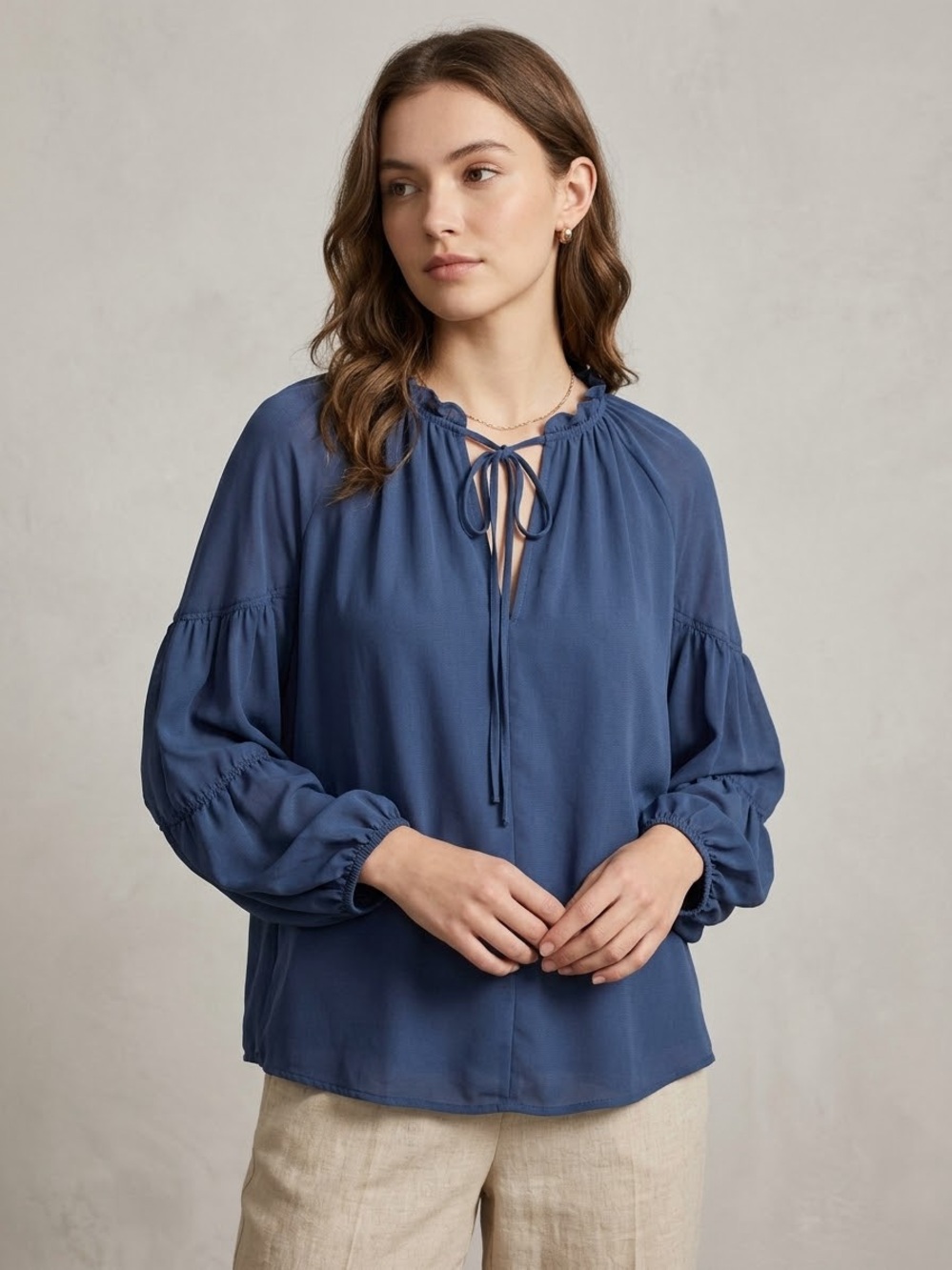 Current Air Ruffle Tie Boho Peasant Navy Sheer Fairycore Blouse Medium